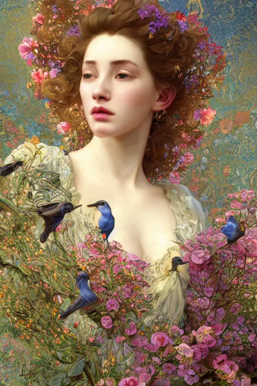 Prompt: a beautiful intricate beatutifull woman with birds, ultra - wide angle, baroque, elagant, highly detailed, photorealistic, flowers, octane render, 8 k, unreal engine, by william turner, by victo ngai, by alphonse mucha, by gustav klimt, hd, trending on artstation, hyper detailed, cinematic, intense colors