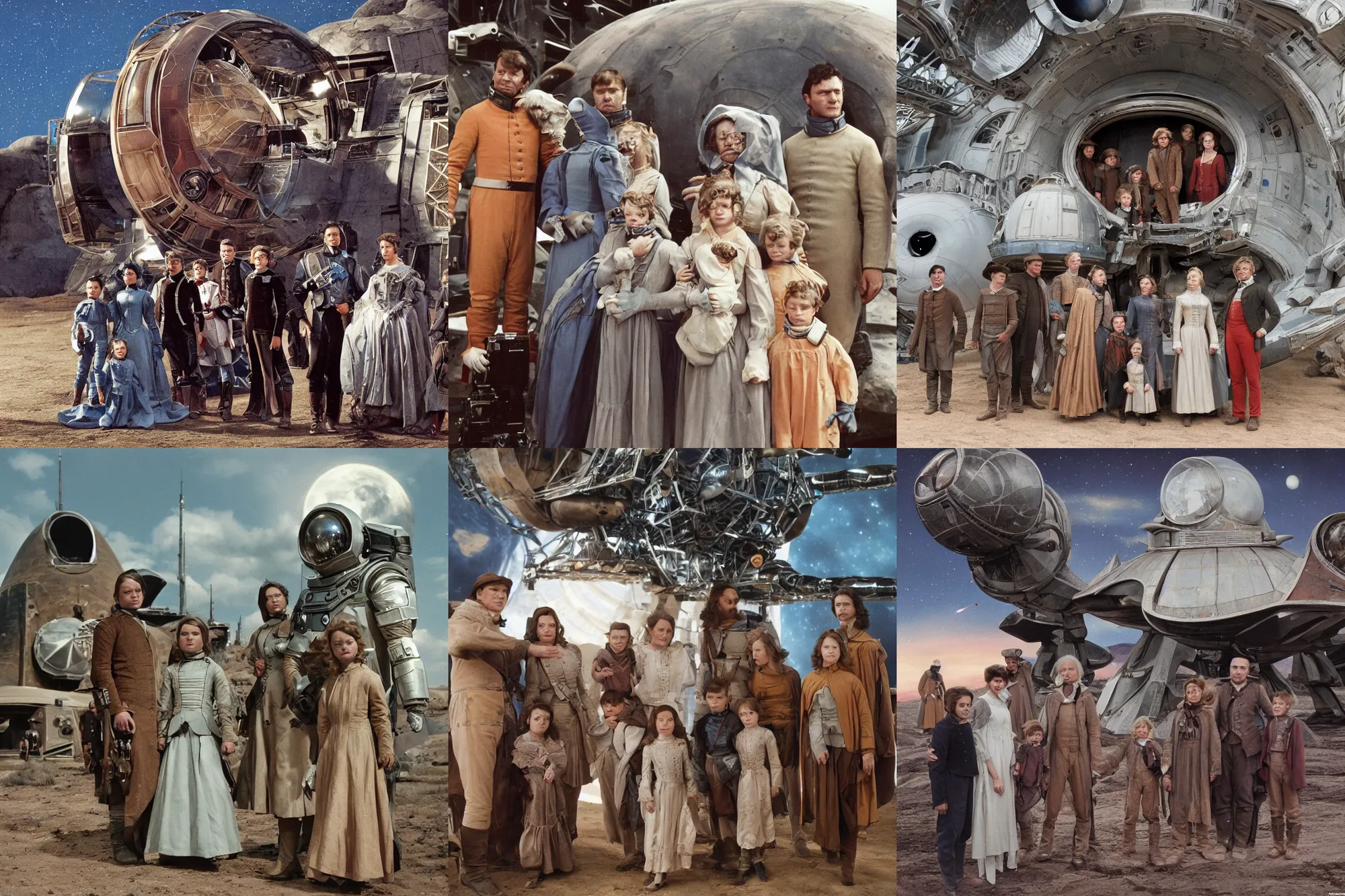 Prompt: highly detailed, 513435456k film, 1075200mm film still from a sci fi blockbuster color movie made in 2019, set in 1860, of a family standing in front of a spaceship that has just landed on an alien planet, the family are all wearing 1860s era clothes, good lighting, good photography, ultra high definition