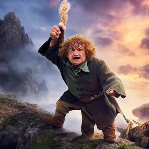 Image similar to Bilbo Baggins fighting an orc detailed 4K digital art