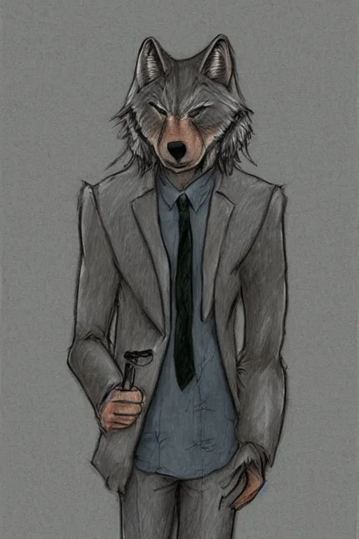 Image similar to master furry artist colored pencil drawing full body portrait character study of the anthro male anthropomorphic wolf fursona animal person detective new york city street