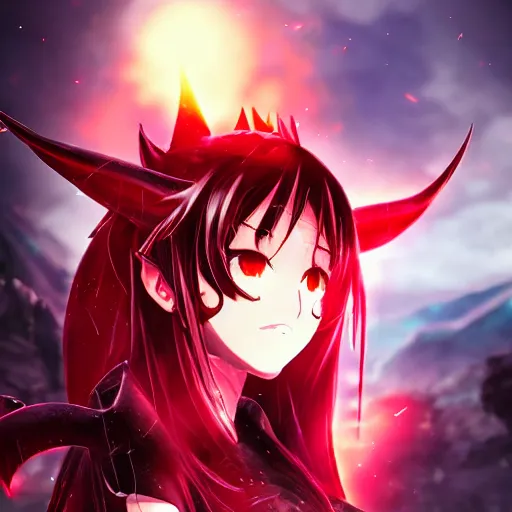 Image similar to portrait focus of a very hot!!! demon 3D anime girl, Obsidian armor wearing, dark volcano background, ash falling, bokeh, inspired by Masami Kurumada, digital painting, high contrast, unreal engine render, volumetric lighting, high détail