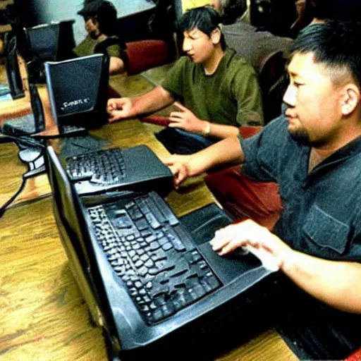 Image similar to Genghis Khan playing Counter Strike in a net cafe on a PC from the 2000s