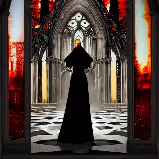 Image similar to movie shot, landcape, architectural shot, no decaying lines, background of an alabaster gothic cathedral, with long ephimeral windows with reflection of red flames, as subject a gothic woman with an intricate arabesque detailed black dressed, macro head face