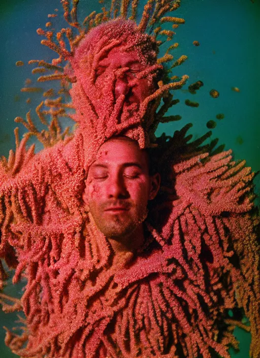 Prompt: realistic photo of a blurred face of a man, covered in shriveling dead coral reef, emitting aura, floating in the air with his arms stretched out on him 1 9 6 0, life magazine photo, natural colors, metropolitan museum, kodak, 8 k, very detailed, high resolution, product photo,