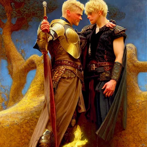 Image similar to attractive arthur pendragon with attractive male merlin the mage. they are in love. highly detailed painting by gaston bussiere, craig mullins, j. c. leyendecker