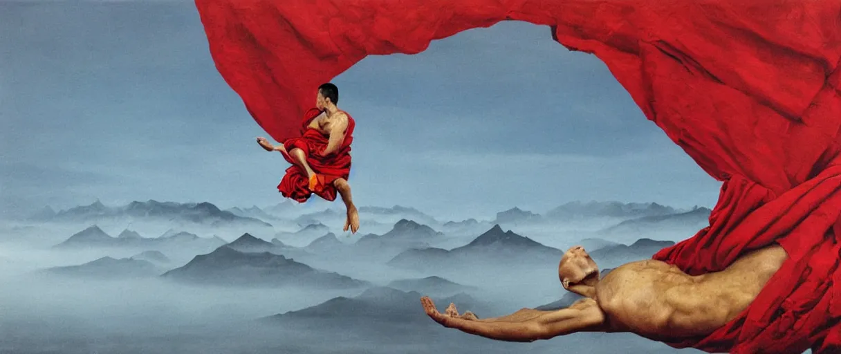 Prompt: a close - up abstract portrait of a tibetan monk in lotus position flying over himalaya mountains lake in weightlessness in liquid traditional red cloth, small foggy and blue gloomy, highly detailed, photorealistic, abstract science fiction paint by salvador dali, jeremy geddes