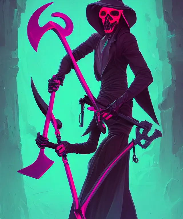 Image similar to a portrait of a neon grim reaper holding a scythe, fantasy, elegant, digital painting, artstation, concept art, matte, sharp focus, illustration, art by josan gonzalez