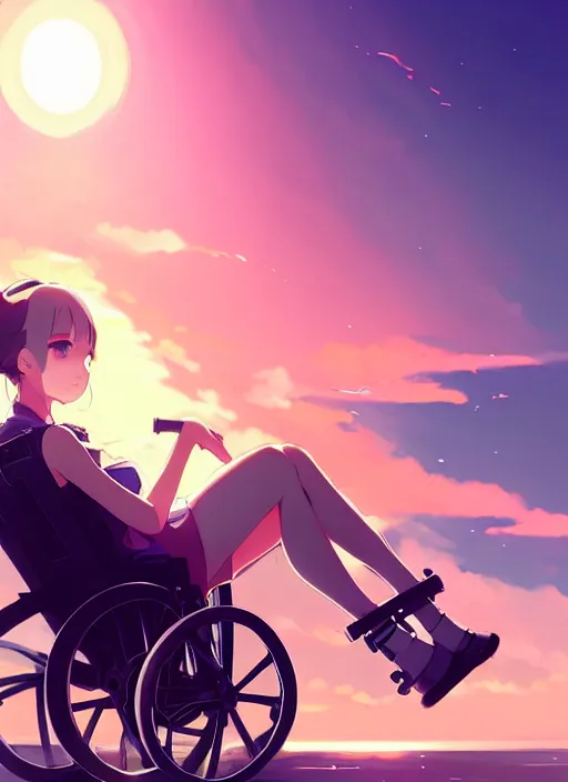 Prompt: portrait of cute girl, sunset sky in background, beach landscape, illustration concept art anime key visual trending pixiv fanbox by wlop and greg rutkowski and makoto shinkai and studio ghibli and kyoto animation, futuristic wheelchair, symmetrical facial features, should eyes, future clothing, backlit, yandere