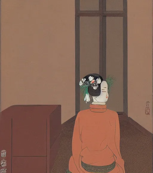 Image similar to a woman with a flower in her head sits on a chair in the corner of an empty room, view from behind, xue jiye