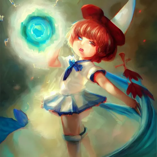 Image similar to cirno from touhou, by ross tran, oil on canvas