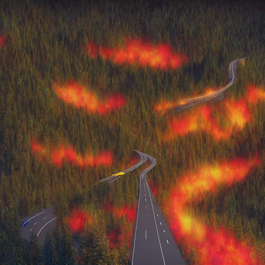 Image similar to surrealist semiabstract rendition of an epic highway road going down to the horizon through a thick pine forests and rocky mountain coasts plunging into an immense sunset. bird view, atmospheric foggy landscape, psychedelic, ultra realistic, modern art, photorealistic, octane render, by nori inoguchi and sam kaplan and zachary goulko and christopher marley