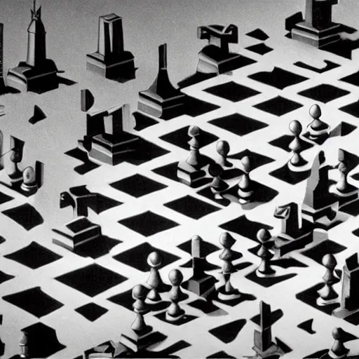 Image similar to concept art of a city whose inhabitants are chess pieces, by m. c. escher