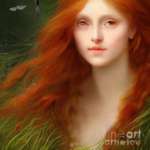 Prompt: sharp, intricate fine details, breathtaking, digital art portrait of a red haired girl with long hair and green eyes softly smiling, in a dreamy, mesmerizing scenery with fireflies, art by elisabeth vigee le brun