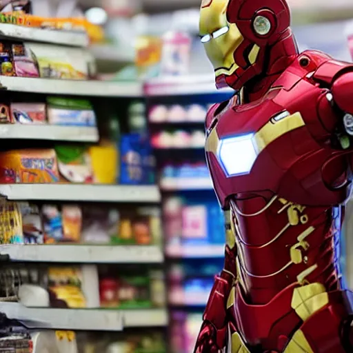 Image similar to Iron Man working as a 7/11 cashier, macro, wide wide shot, very detailed, beautiful lighting