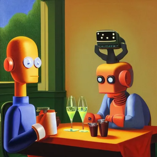 Image similar to a futurama-robot having a drink with his best friend Phillip Fry by Raphael, Hopper, and Rene Magritte. detailed, romantic, enchanting, trending on artstation.