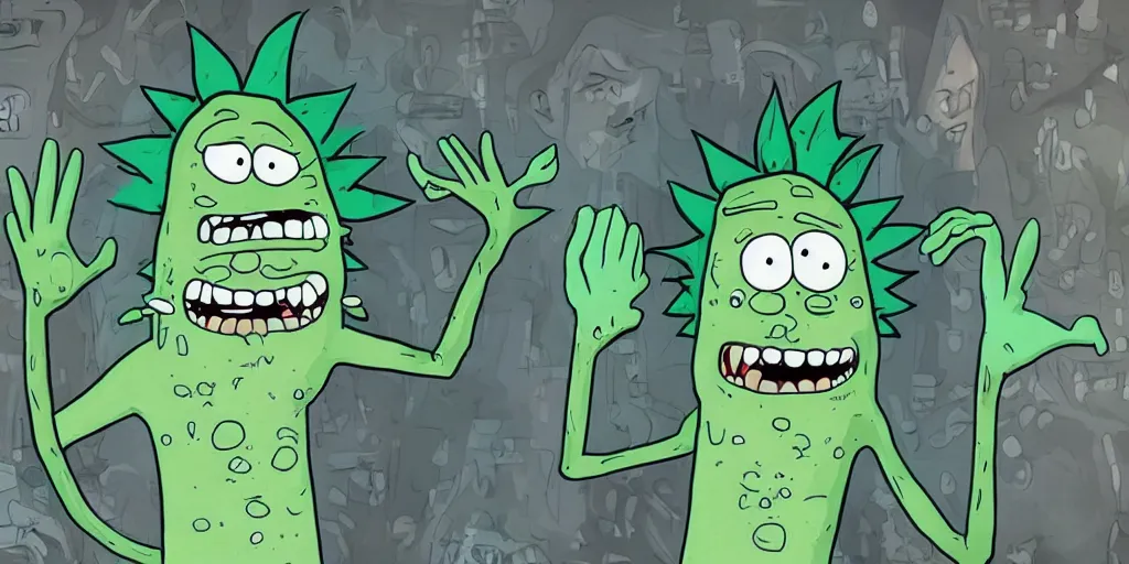 Image similar to Rick Sanchez after transforming into a Pickle Rick, terrified as his new body slowly breaks down into green goo, adult swim cartoon, 2d art