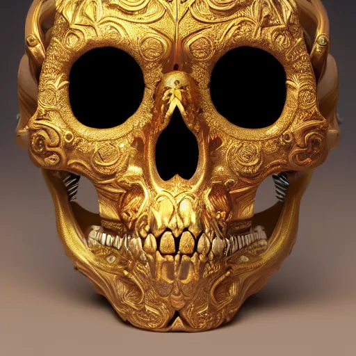 Image similar to a highly detailed photographic render of intricately carved golden sugar skull, intricate golden ornament, gilding, horror, dark fantasy, beautifully lit, ray traced, octane 3D render in the style of Gerald Brom and James Gurney