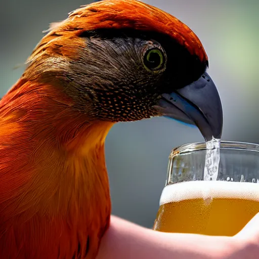 Image similar to a bird drinking beer, 4k, party