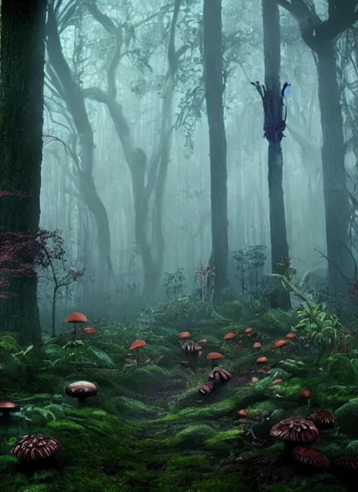 Prompt: spooky forest with poisonous mushroom and plants, mist, tim burton, disney, unreal engien