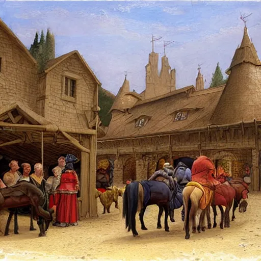 Image similar to a medieval horse market, by john howe