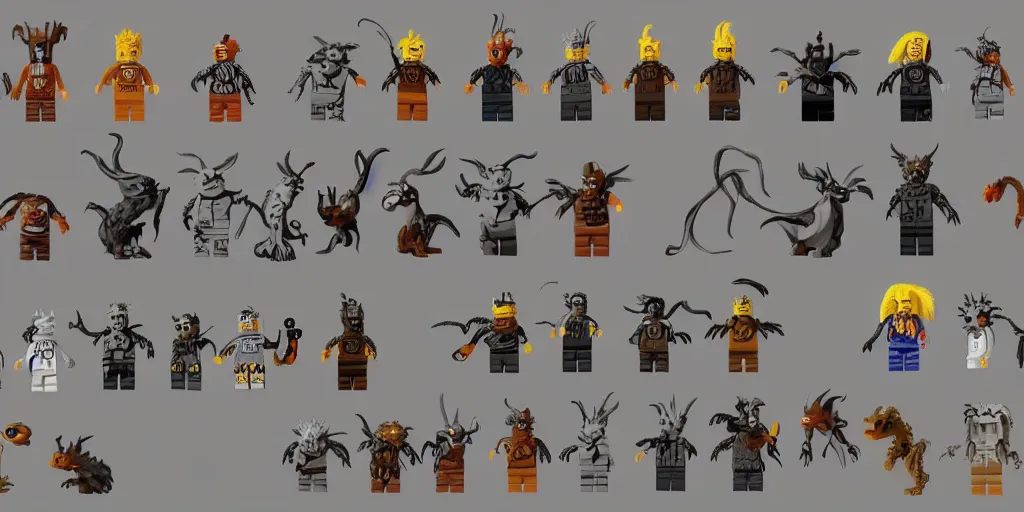 Prompt: creatures called critters, made out of a single lego brick. cute looking, sharp focus, moebius, character sheet, game concept art, brush work