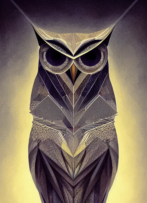 Image similar to portrait of a geometric owl, identical eyes, medium shot, illustration, full body made of white feathers, symmetrical, art stand, super detailed, cinematic lighting, and its detailed and intricate, gorgeous, by peter mohrbacher