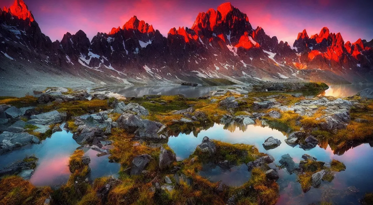 Image similar to amazing landscape photo of mountains with lake in sunset by marc adamus, beautiful dramatic lighting