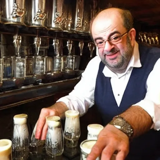 Prompt: salman rushdie pouring pints at his local