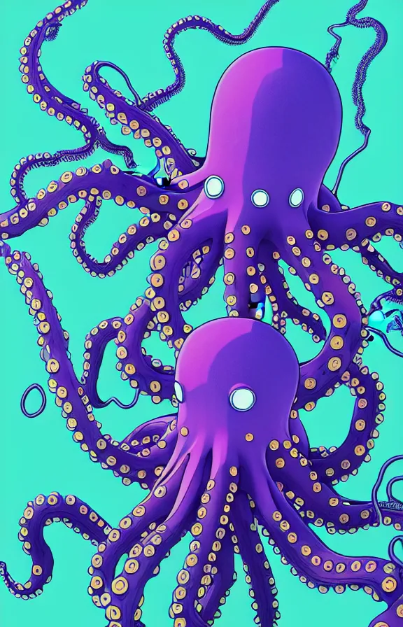 Image similar to robotic octopus by miyazaki, blue green purple color palette, illustration, kenneth blom, mental alchemy, james jean, pablo amaringo, naudline pierre, contemporary art, hyper detailed