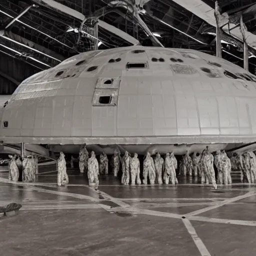 Image similar to dismantled ufo spaceship in hanger with people in hazmat suits standing around, grainy, vintage photo, sepia, old photo, realistic, detailed,