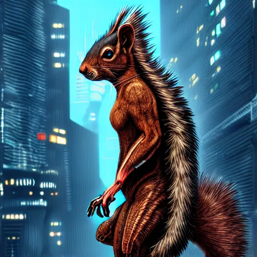 Image similar to a highly detailed long shot photo, cyberpunk giant rabid squirrel, intricate, digital painting, artstation, intricate, concept art, smooth, sharp focus