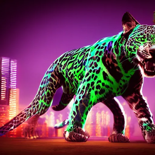 Prompt: a neon cyberpunk cyborg jaguar animal pouncing, octane render