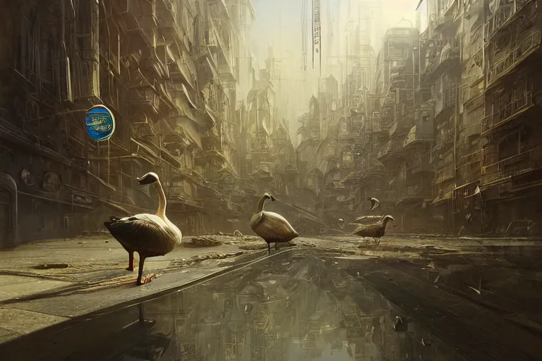 Prompt: A solarpunk very highly detailed anhtropomorphic Goose with very highly detailed face on the street of a very highly detailed solarpunk sci-fi city digital rational painting art by Greg Rutkowski, sci-fi highly detailed, digital concept art, Dimensional cyan gold natural light, sharp focus, Golden Ratio illustration, realistic concept art by Stephen Hickman and James Gurney and Hiromasa Ogura Ghost in the Shell rendered in Octane Render, From the distance