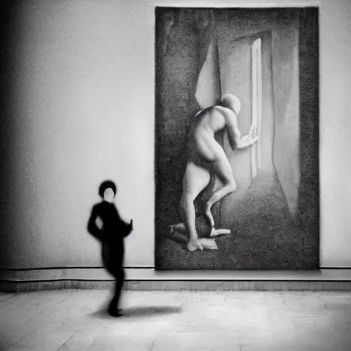 Prompt: Disturbing reimagining of a famous painting, creepy, insane, black and white, blurred