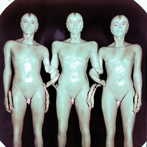 Prompt: three humanoid replicants who look like the statue of liberty, stand uncomfortably close to the camera, polaroid, flash photography, photo taken in a completely dark storage room where you can see some empty boxes in the background, very thick thighs