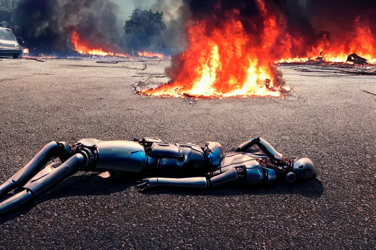 Image similar to vfx film closeup, dead robot couple on the ground holding hands, city street tire tracks fire. flat color profile low - key lighting award winning photography arri alexa cinematography, hyper real photorealistic cinematic atmospheric cool colorgrade