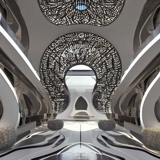 Image similar to extremely detailed ornate stunning beautiful elegant futuristic museum lobby interior by Zaha Hadid