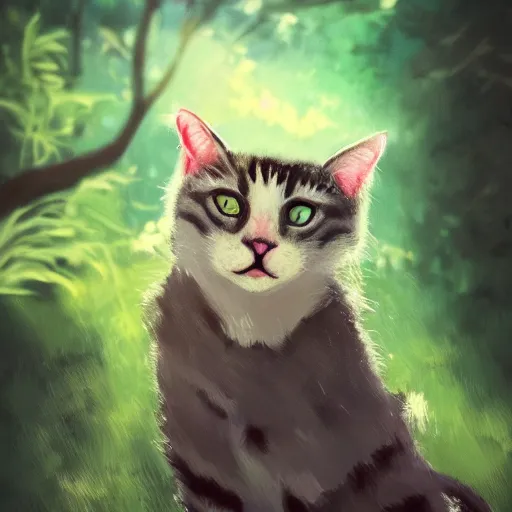 Prompt: portrait of a cat in a forest, by kawacy, trending on artstation, sunlight, trending on pixiv, bokeh, furry art, anime, dramatic lighting