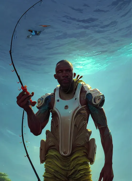 Image similar to portrait of a jamaican fisherman sci - fi fishing armor muscular cyberjamaicanpunk intricate elegant highly detailed digital painting artstation concept art, greg rutkowski, loish, rhads, ferdinand knab, makoto shinkai and lois van baarle, ilya kuvshinov, rossdraws, tom bagshaw