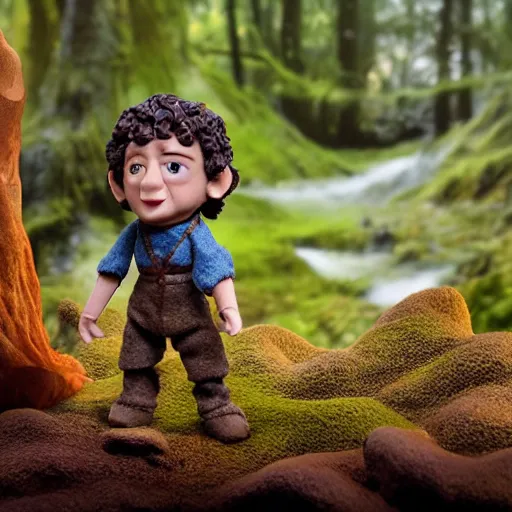 Prompt: high - res photograph of a claymation sculpture action figure cute frodo, highly detailed sculpey diorama, forest setting, waterfall backdrop, realistic materials, wood, felt, cloth, burlap, smooth, sharp foccus, commercial product photography,