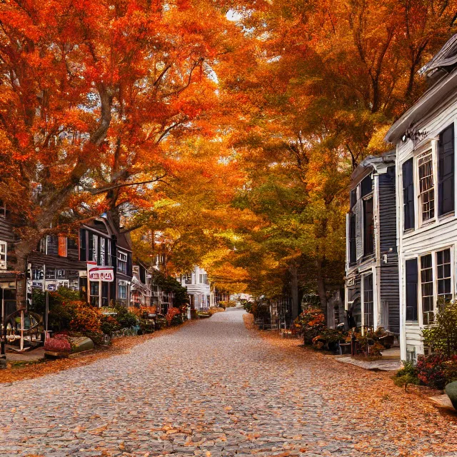 Image similar to small new england stone colonial city street with shops and pumpkins, maple trees with fall foliage, new hampshire mountain, stone street, volumetric, realistic, cinematic lighting, ray tracing, unreal engine 5, octane render, hyper realistic, photo, 8 k