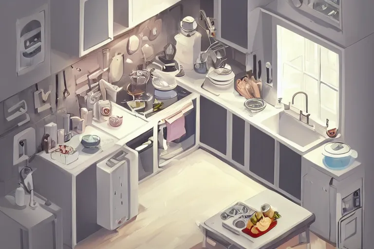 Prompt: cute kitchen, refrigerator, sink, isometric art, white furniture, ((cool white)), bright, artstation, highly detailed, cinematic lighting + masterpiece