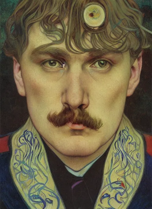 Image similar to detailed realistic beautiful young adolf hitler face portrait by jean delville, alphonse mucha, vincent van gogh, and marco mazzoni, art nouveau, symbolist, visionary, gothic, pre - raphaelite