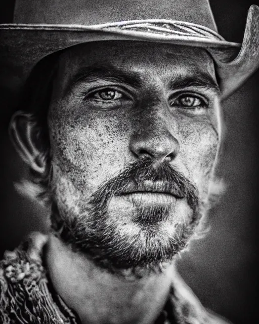 Image similar to portrait of cowboy, black and white polaroid, western, high production value, intricate details, high resolution, hyperrealistic, hdr, high definition, award winning photography, masterpiece, ultra realistic, highly detailed, hd, sharp focus, cinematic lighting, shaded, non blurry, sharp, smooth