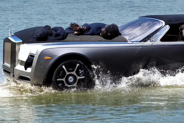 Image similar to Teenagers push Rolls-Royce into lake with their hands from a small slide wanting to drown him