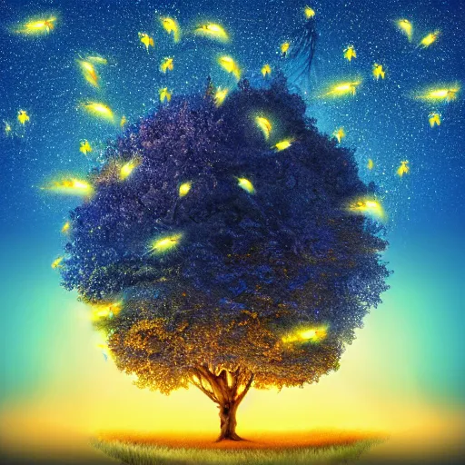 Prompt: photo of a mystical giant tree full of fireflies, blue golden leafs, fantasy world, ultra realistic details