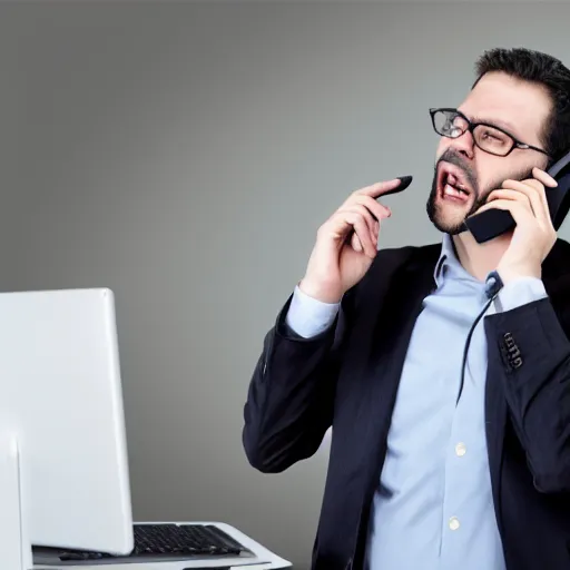 Prompt: a support engineer for an SD-WAN company deals with the same exact exasperated customer on the phone, dynamic pose