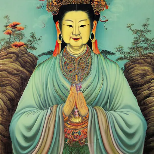 Prompt: the oil painting of Guanyin by Zeng Hao