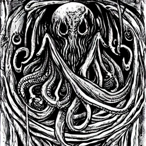 Image similar to in his house at r'lyeh dead cthulhu waits dreaming, divinity, awful, religious art