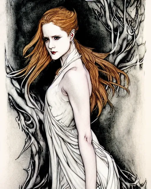 Prompt: in the style of artgerm, arthur rackham, evan rachel wood, flowing white dress